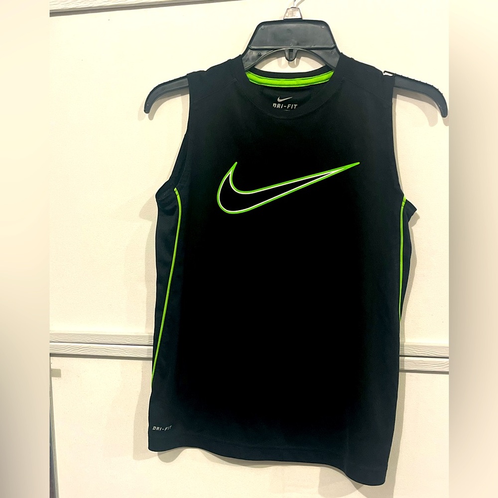 Nike Dri-Fit Sleeveless Athletic Tank Black with Neon Green Swoosh Boys M 10/12